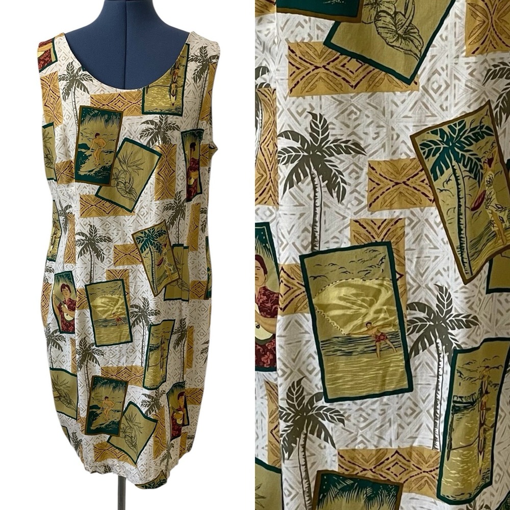 VTG Reyn Spooner Womens Sleeveless Hawaiian Postcard Palm Tree Shift‎ Dress XL